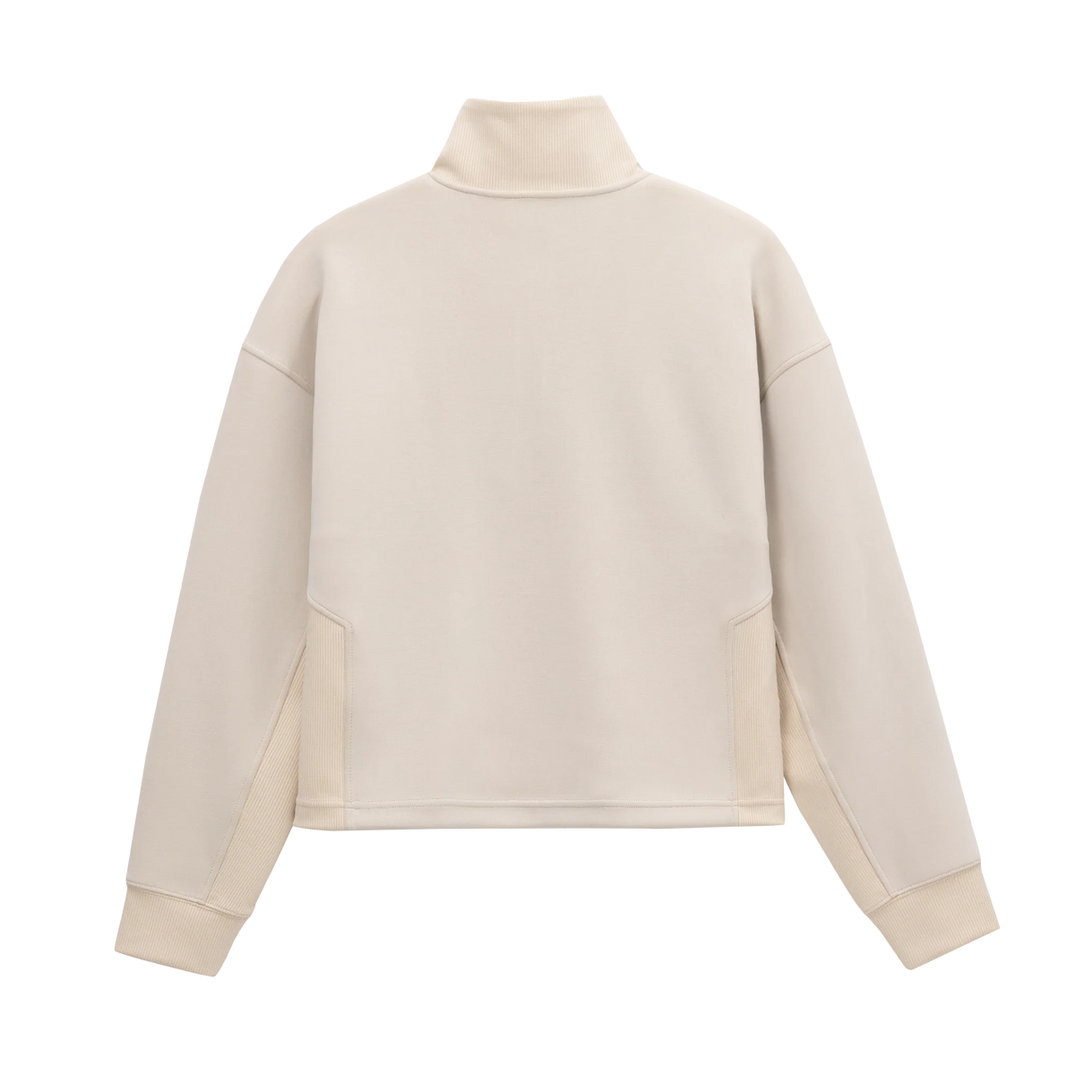 Back view of Grace Fairhope Boxy Quarter Zip in ivory showing the stand collar, dropped shoulders and ribbed side panels