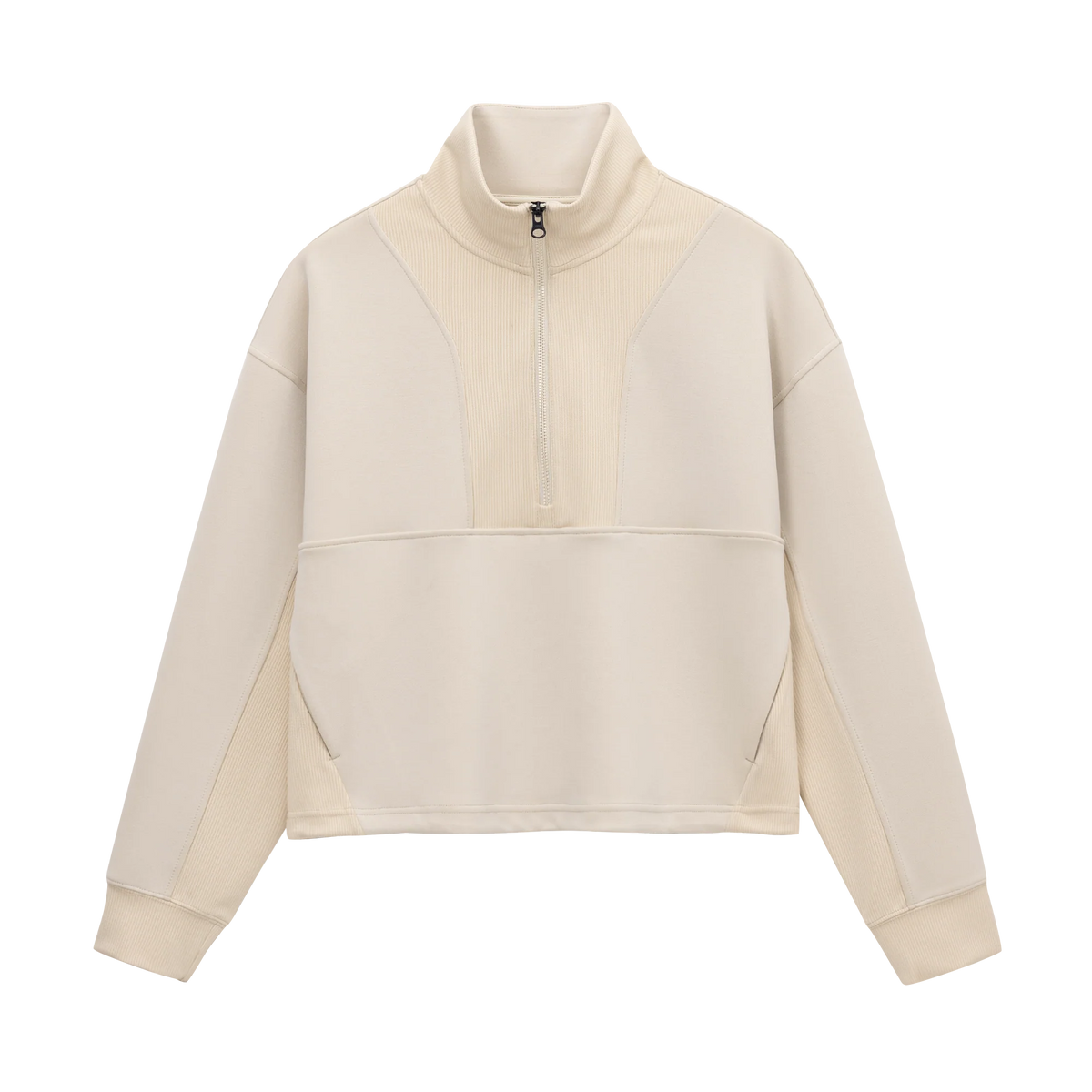 Front view of Grace Fairhope Boxy Quarter Zip in ivory showing ribbed collar, quarter zip and kangaroo pocket