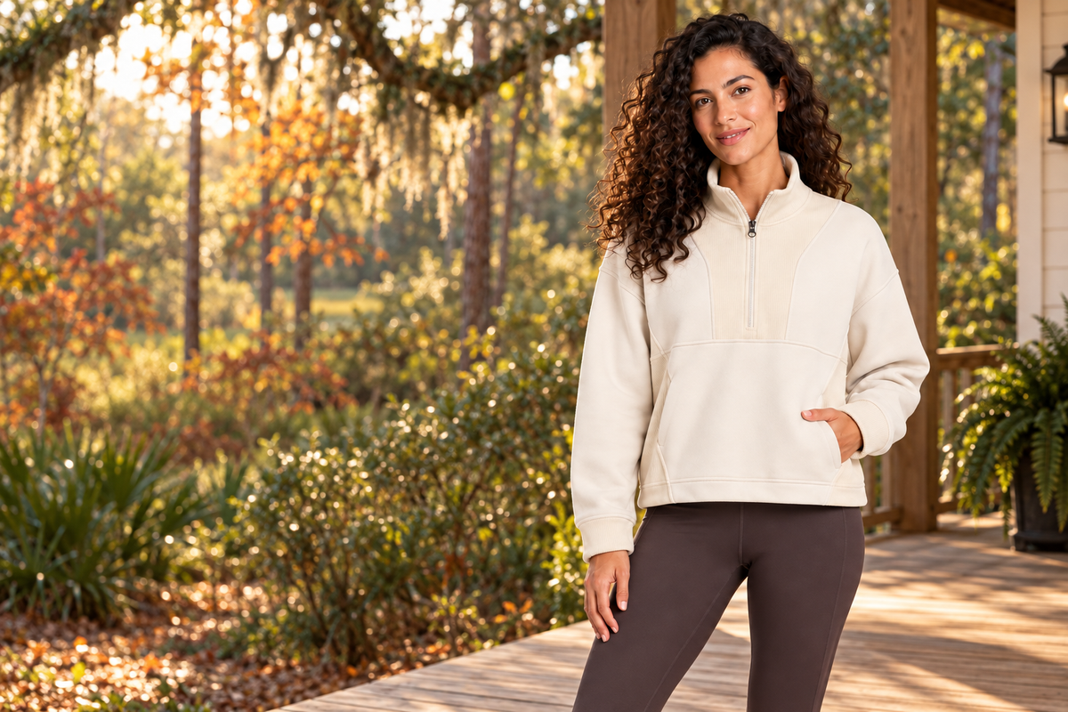 Model wearing the ivory Grace Fairhope Boxy Quarter Zip in an autumn porch setting