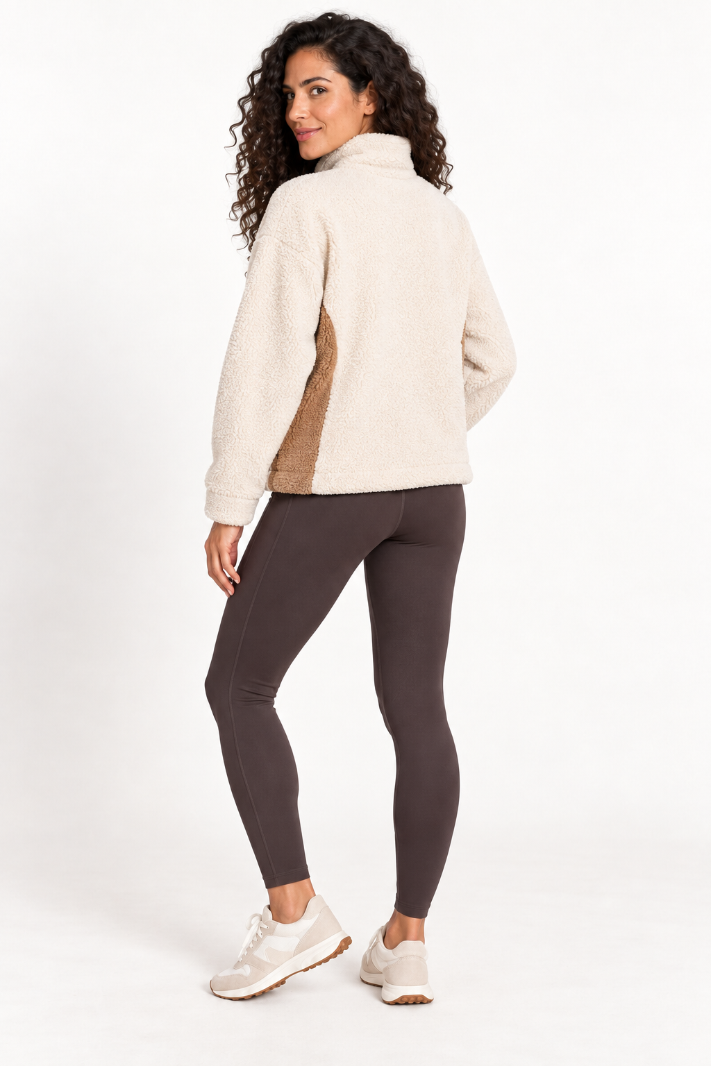 Woman wearing the Grace Point Clear Sherpa Boxy Pullover in Bone White, back view