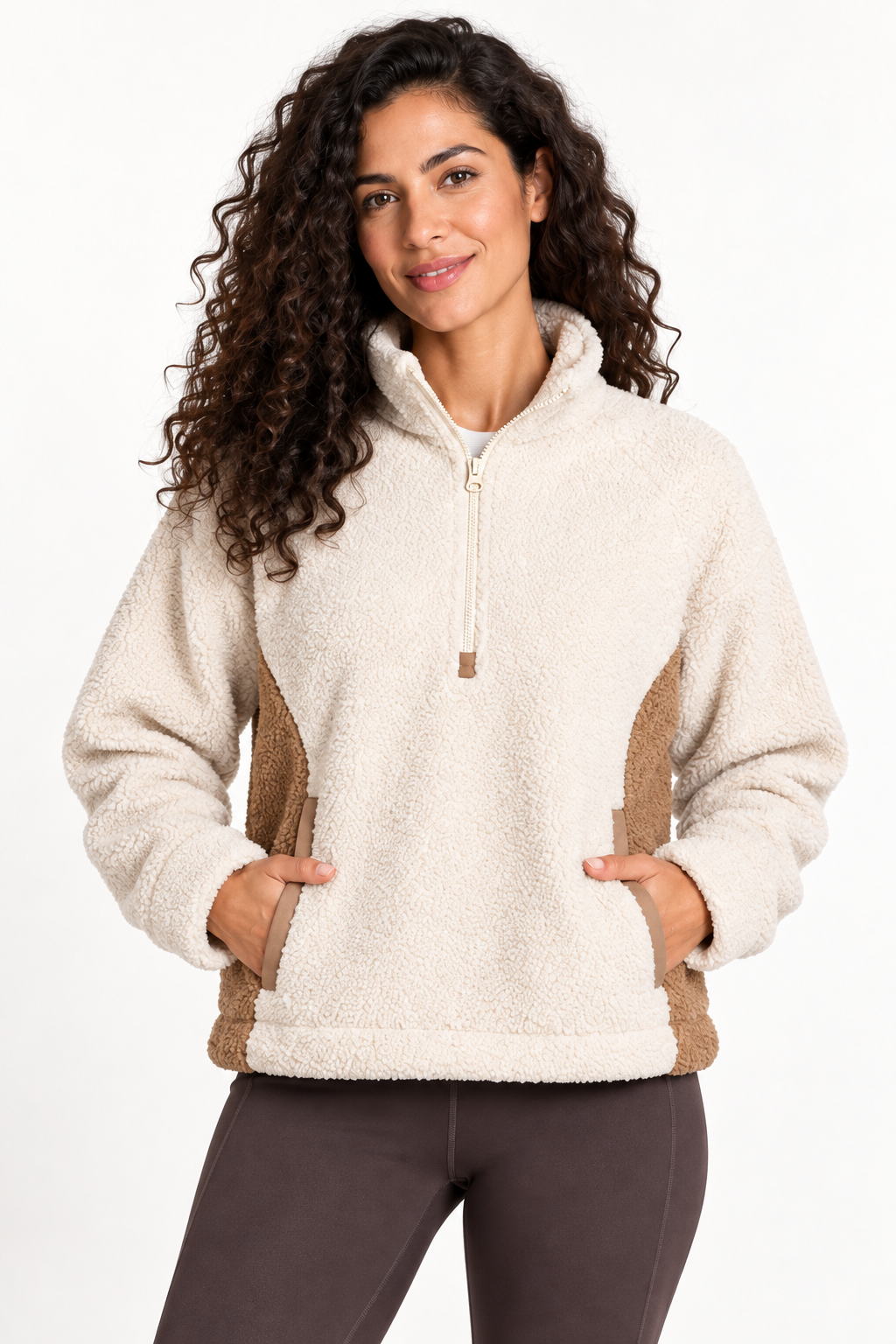 Grace Point Clear Sherpa Boxy Pullover in Bone White, collar, quarter zip, pockets and contrast-panel detail