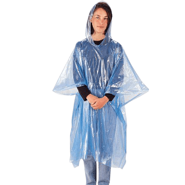 Liberty Mountain emergency poncho worn with hood up; supplied colors vary