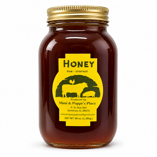 Mimi and Poppy's Place raw strained honey quart jar with yellow label and gold lid