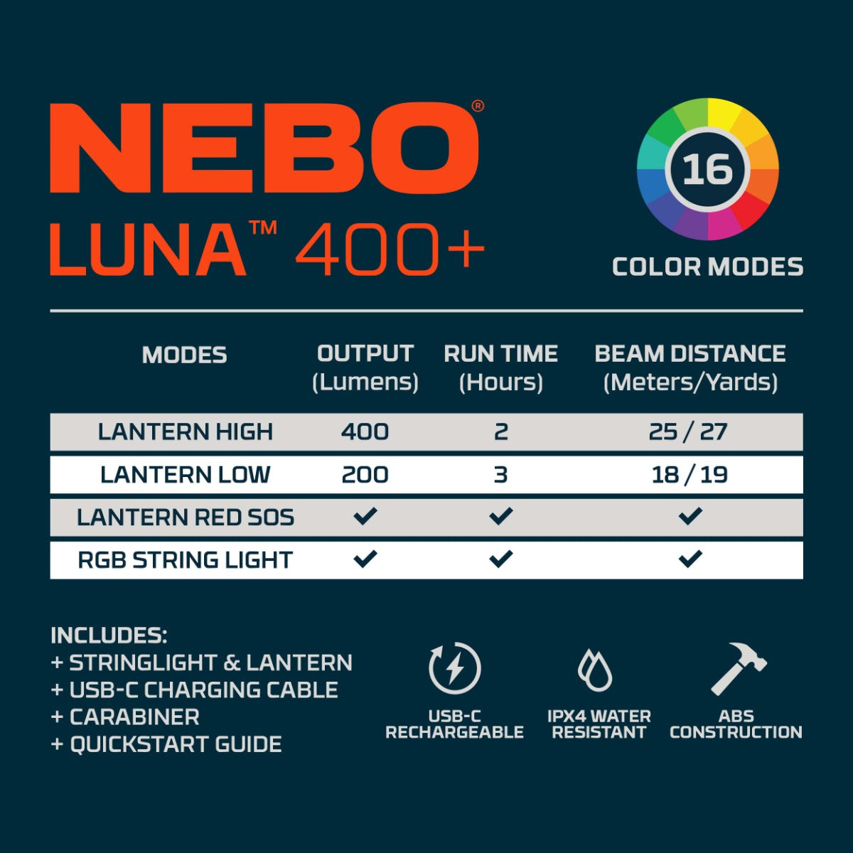 NEBO LUNA 400+ Rechargeable Lantern & Color String Light