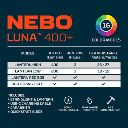 NEBO LUNA 400+ Rechargeable Lantern & Color String Light