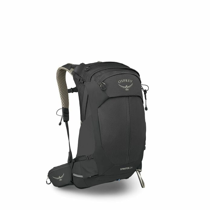 Osprey Stratos 24 hiking backpack in Raven Black, front three-quarter view