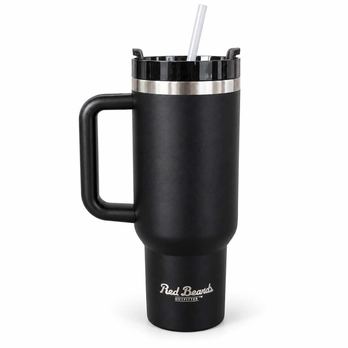 Red Beard's Outfitter 40 oz insulated tumbler in Black with handle, lid, and straw