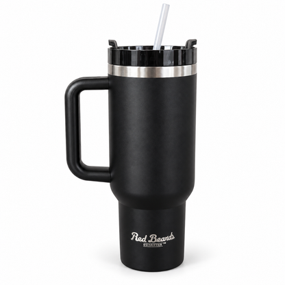 Red Beard's Outfitter 40 oz insulated tumbler in Black with handle, lid, and straw