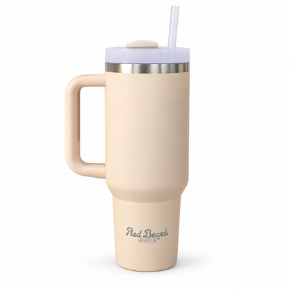Red Beard's Outfitter 40 oz insulated tumbler in Off-White/Cream with handle, lid, and straw
