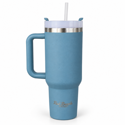 Red Beard's Outfitter 40 oz insulated tumbler in Dusty Blue with handle, lid, and straw