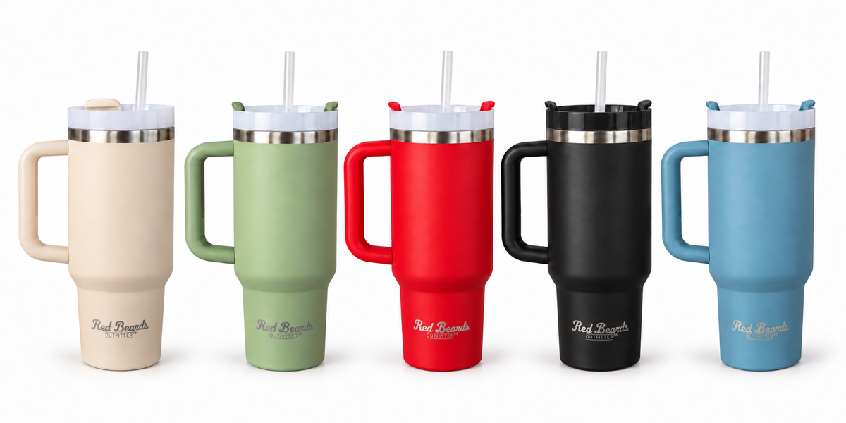 Red Beard's Outfitter 40 oz insulated tumblers in Off-White/Cream, Sage Green, Red, Black, and Dusty Blue