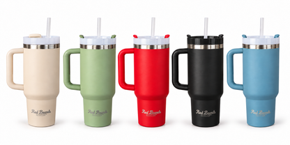 Red Beard's Outfitter 40 oz insulated tumblers in Off-White/Cream, Sage Green, Red, Black, and Dusty Blue