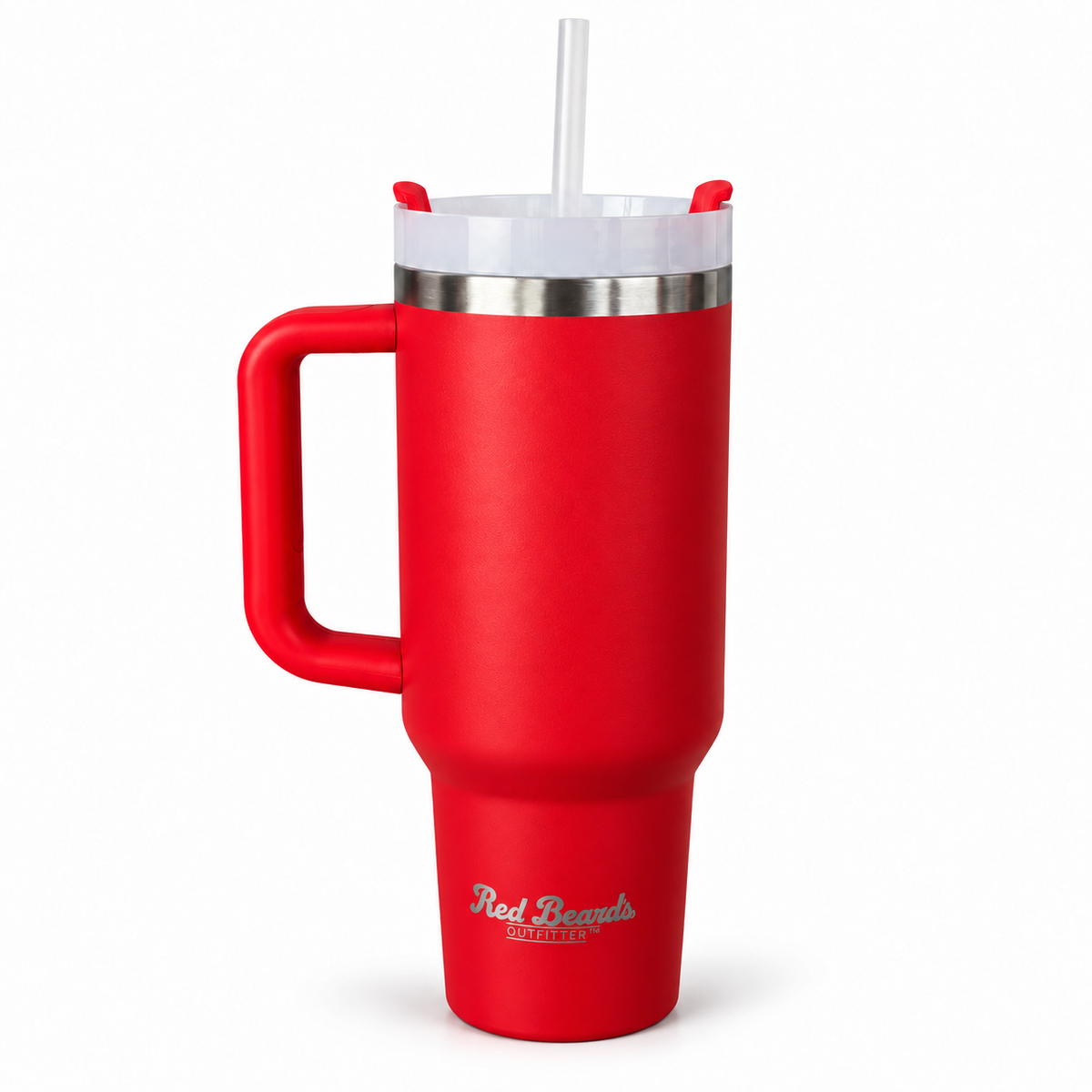Red Beard's Outfitter 40 oz insulated tumbler in Red with handle, lid, and straw