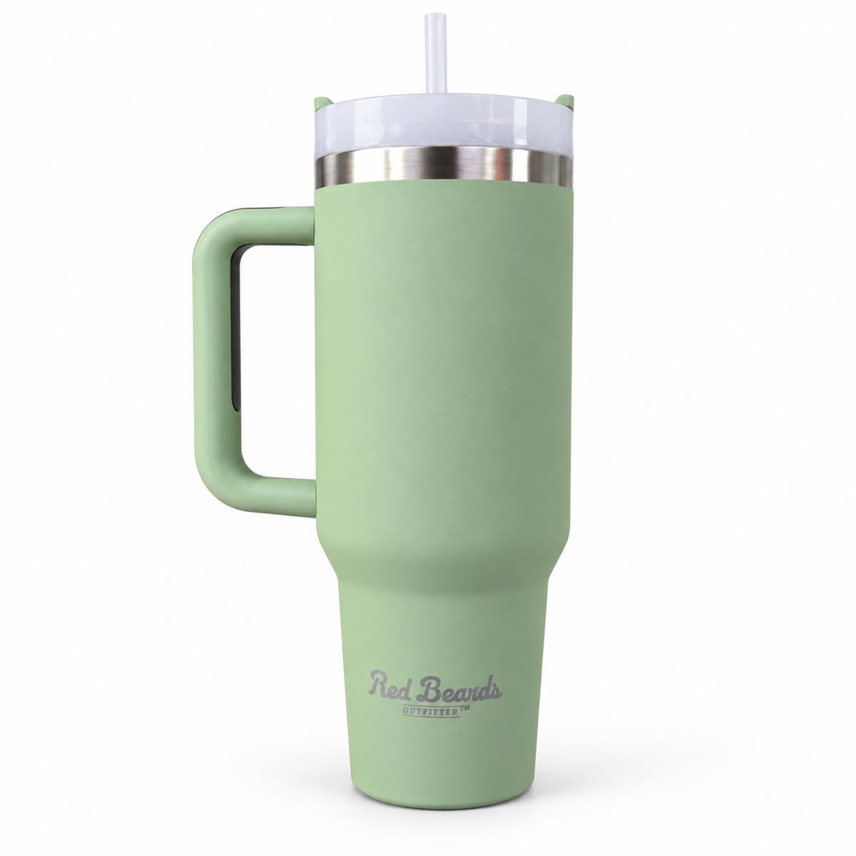 Red Beard's Outfitter 40 oz insulated tumbler in Sage Green with handle, lid, and straw