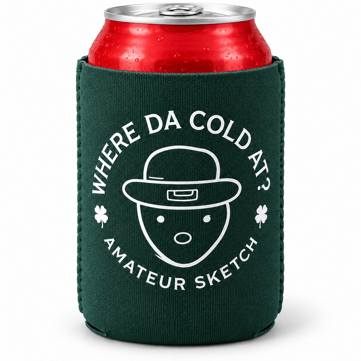 RBO Crichton Leprechaun Amateur Sketch can hugger in forest green on a beverage can