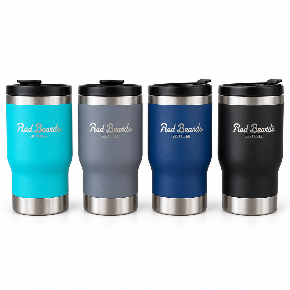 Dockside drink huggers in teal, gray, navy and black with matching silver engraving