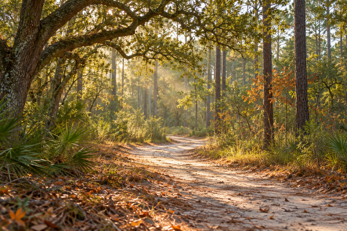 Warm autumn light on a sandy woodland trail beneath pines and oaks
