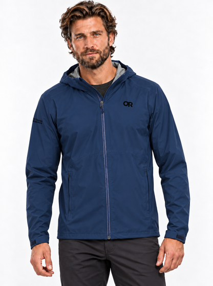 RBO model wearing the Outdoor Research men's Stratoburst Stretch Rain Jacket in Solid Cenote