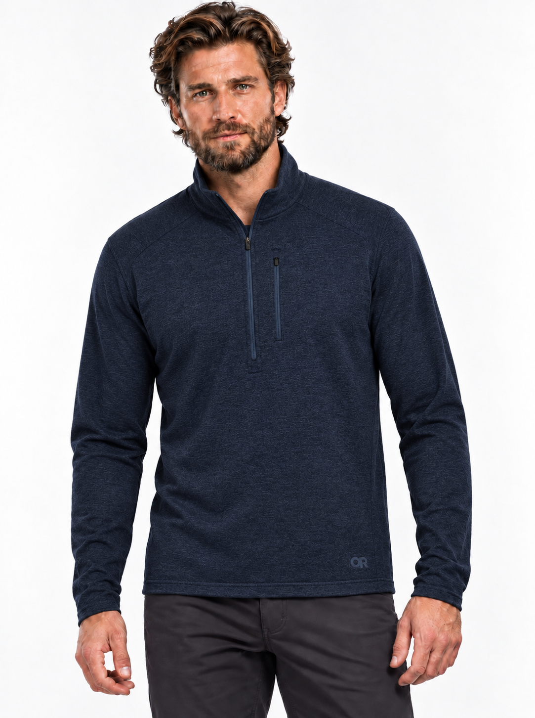 RBO model wearing Men’s Crescent Fleece Half Zip – Merino Wool & Recycled Polyester in Dark Navy