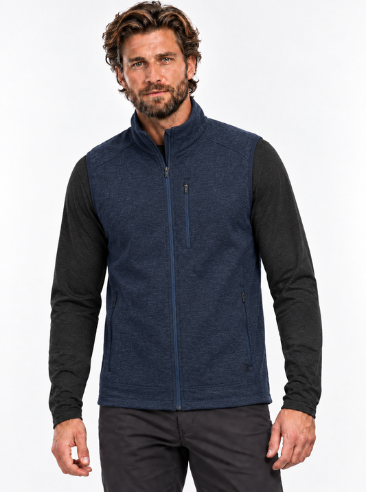RBO model wearing Men’s Crescent Fleece Vest – Merino Wool & Recycled Polyester in Dark Navy