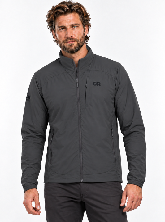 RBO model wearing Men’s Vesper Insulated Jacket – Lightweight Recycled Performance Layer in Charcoal