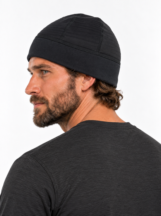 RBO model wearing Outdoor Research Deviator Fleece Beanie
