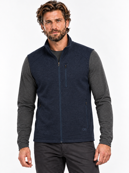 RBO model wearing Outdoor Research Men's Crescent Fleece Vest