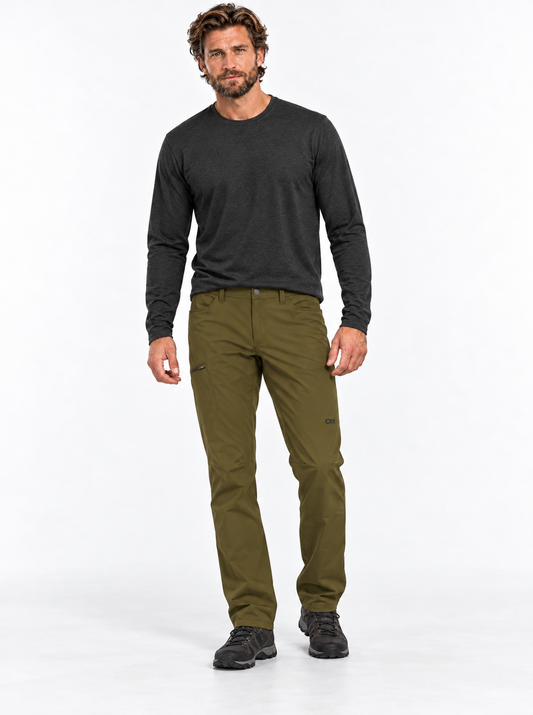 RBO model wearing Outdoor Research Men's Ferrosi Pant, 32-Inch Inseam
