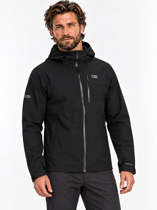 RBO model wearing Outdoor Research Men's Foray 3L Rain Jacket in Black