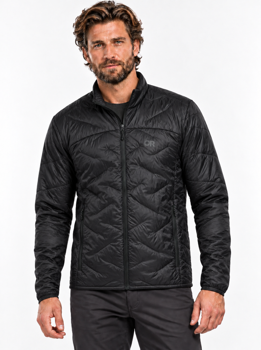 RBO model wearing Outdoor Research Men's SuperStrand LT Jacket