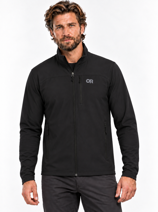 RBO model wearing Outdoor Research Men's Ultima Soft Shell Jacket in Black