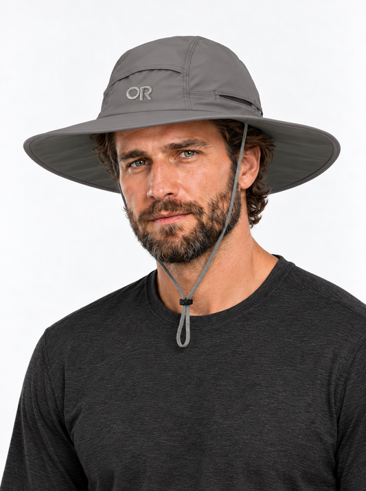 RBO model wearing Outdoor Research Sunbriolet Sun Hat in Pewter