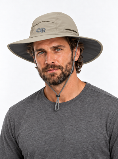RBO model wearing Outdoor Research Sunbriolet Sun Hat in Khaki
