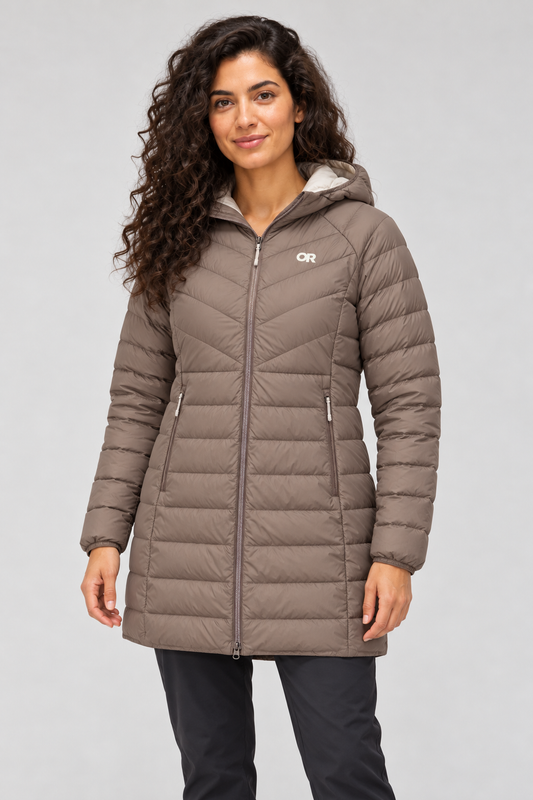 RBO model wearing Outdoor Research Women's Transcendent Down Parka in Sable