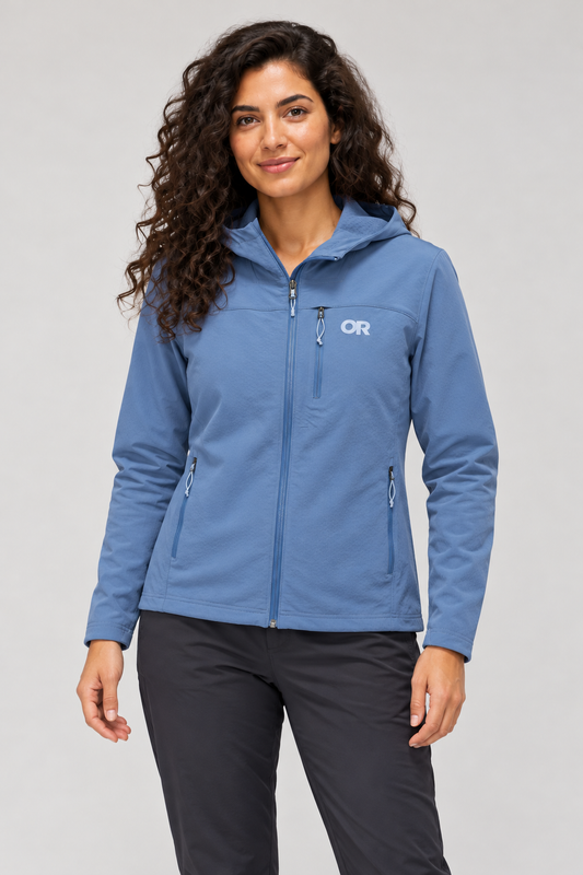 RBO model wearing Outdoor Research Women's Ultima Soft Shell Hoodie in Skyline