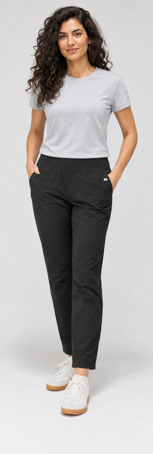RBO model wearing Outdoor Research Women's Zendo Pants in Black