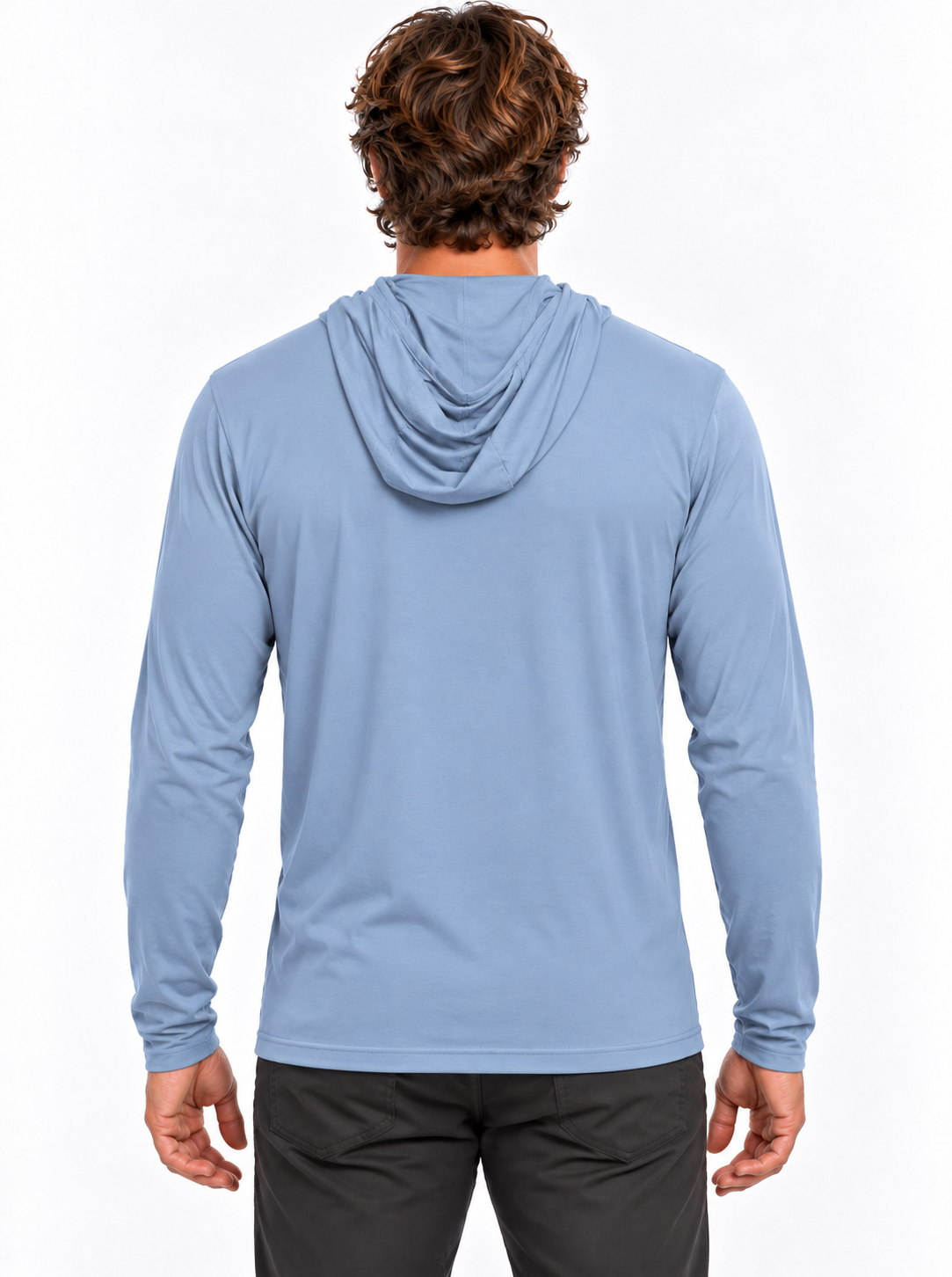 RBO model wearing light Coastal Blue Stealth Hoodie, rear view