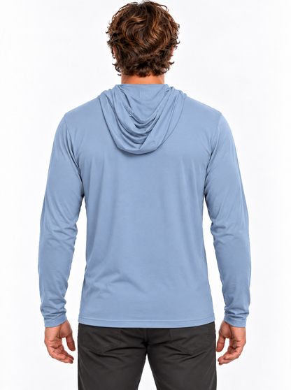 RBO model wearing light Coastal Blue Stealth Hoodie, rear view