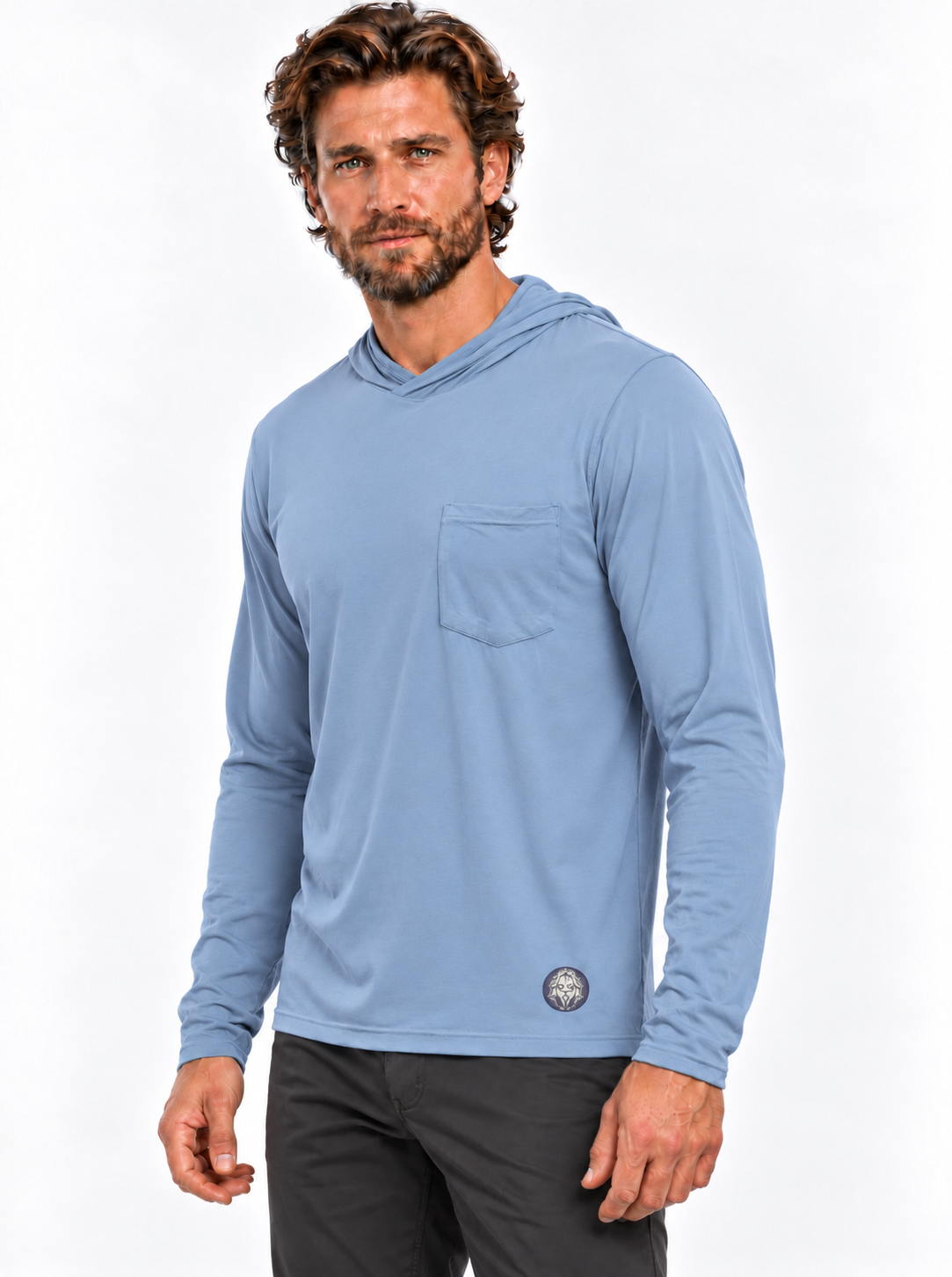 RBO model wearing light Coastal Blue Stealth Hoodie, three-quarter front view