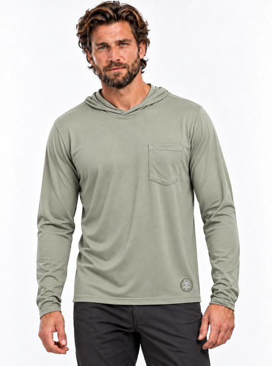 RBO model wearing the Sage Stealth Hoodie with chest pocket and Sasquatch face graphic at the lower hem