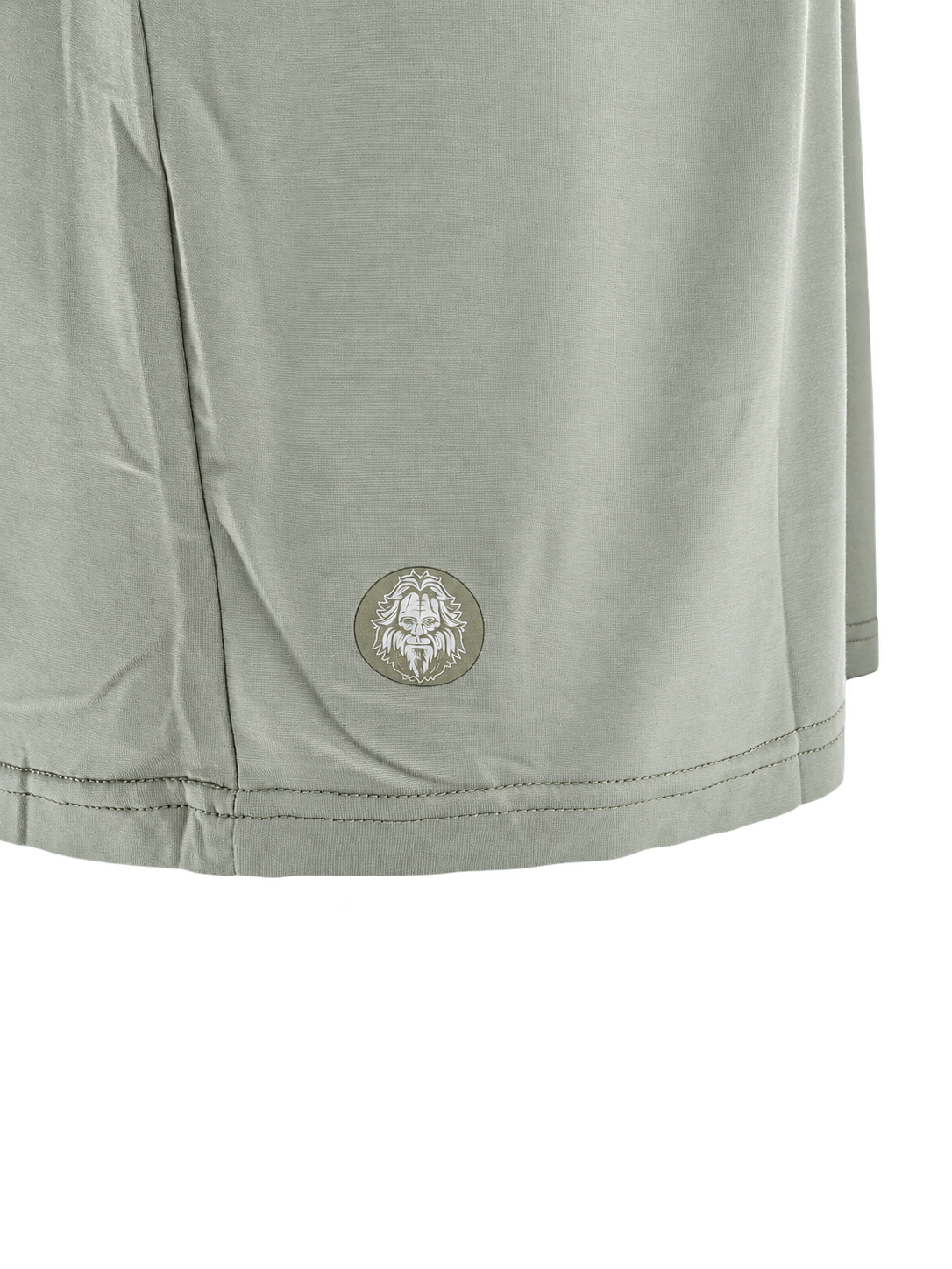 RBO Stealth Hoodie in Sage, product-only hem logo detail view