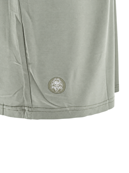 RBO Stealth Hoodie in Sage, product-only hem logo detail view