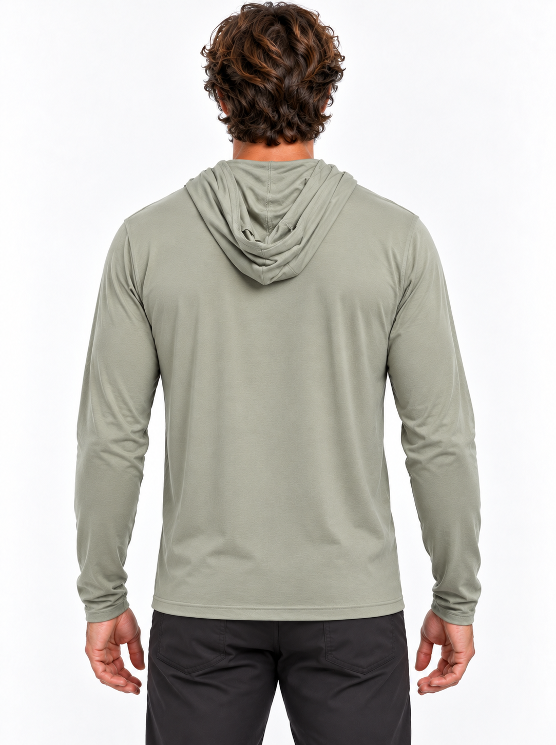 RBO model wearing Sage Stealth Hoodie, rear view