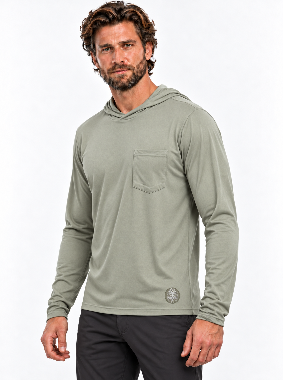 RBO model wearing Sage Stealth Hoodie, three-quarter front view