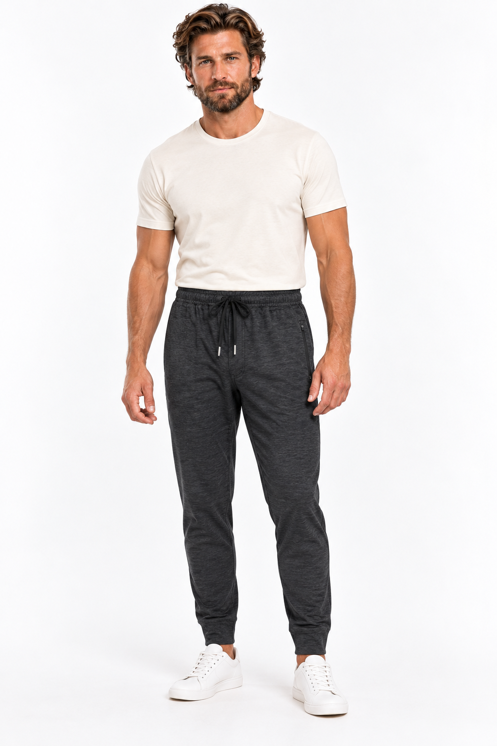 Red Beard's Whitney men's jogger in Heather Black on model, front view