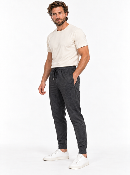 Red Beard's Whitney men's jogger in Heather Black on model, three-quarter view