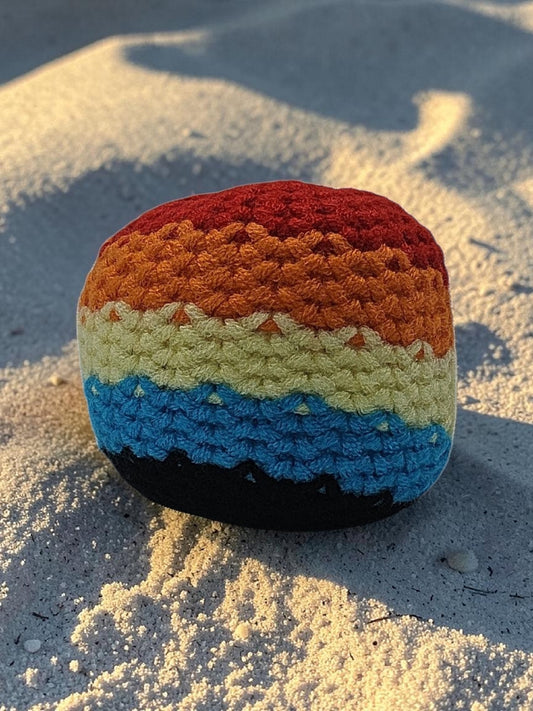 Colorful crocheted rainbow-patterned object on sandy ground