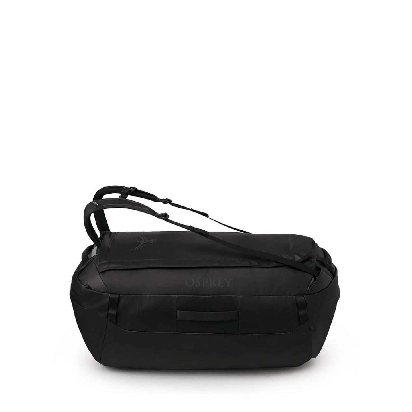 Side profile of Osprey Transporter Duffel 120 in Raven Black with backpack straps.