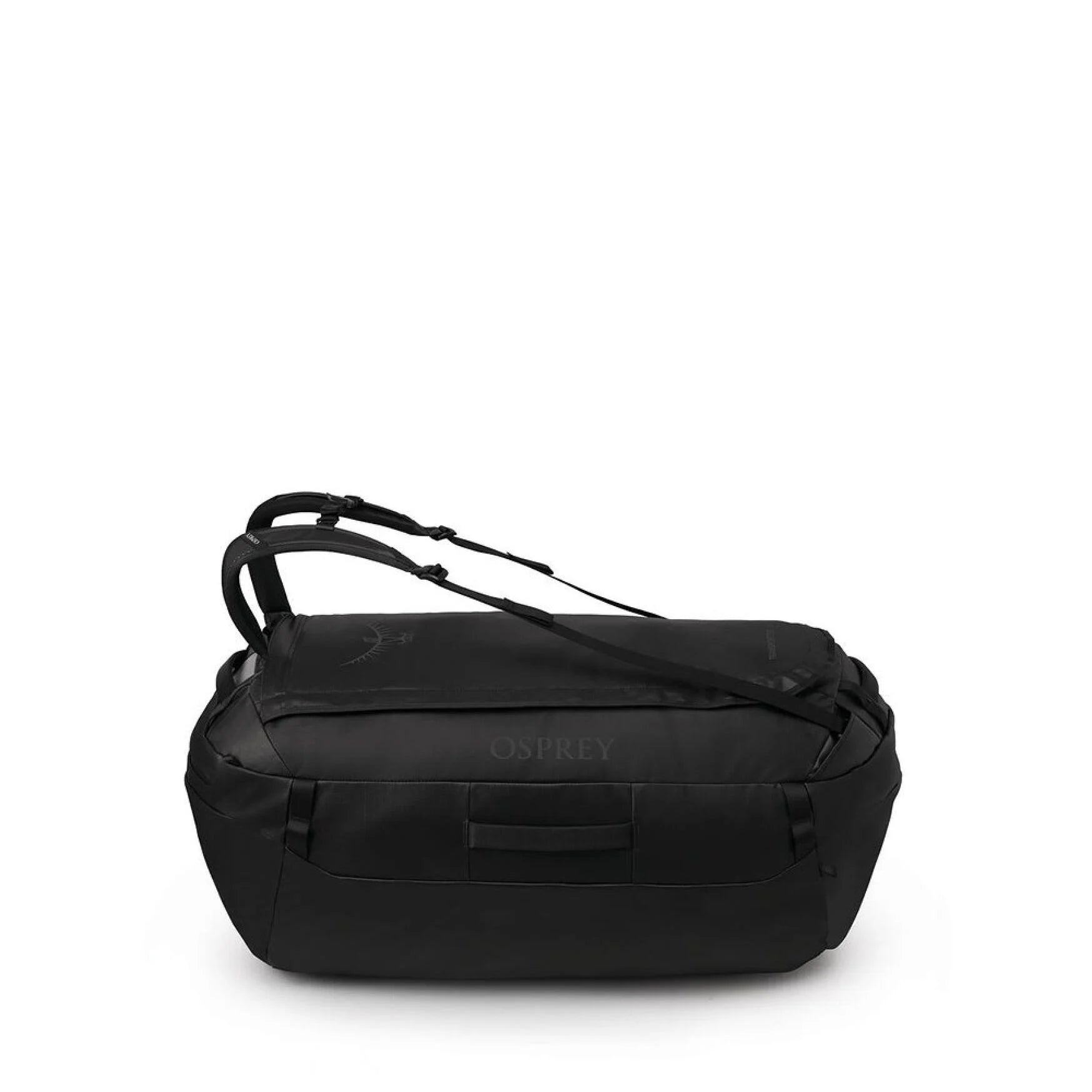 Side profile of Osprey Transporter Duffel 120 in Raven Black with backpack straps.