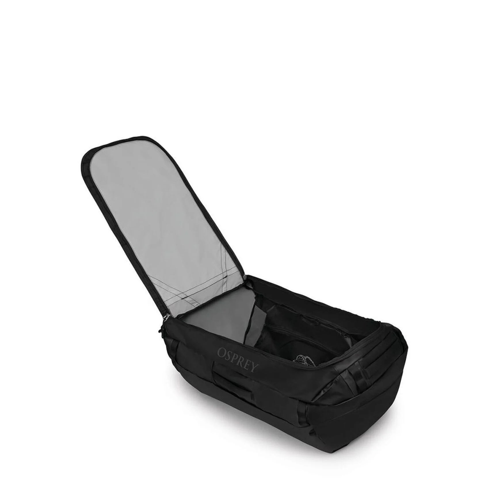 Osprey Transporter Duffel 120 in Raven Black with main compartment open, showing spacious interior.
